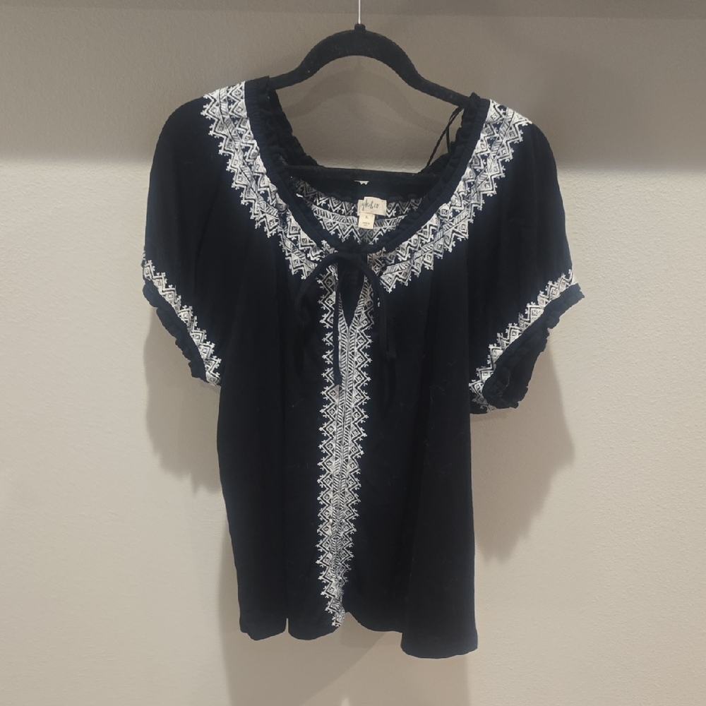 Style & Co Black Top with White Embroidery